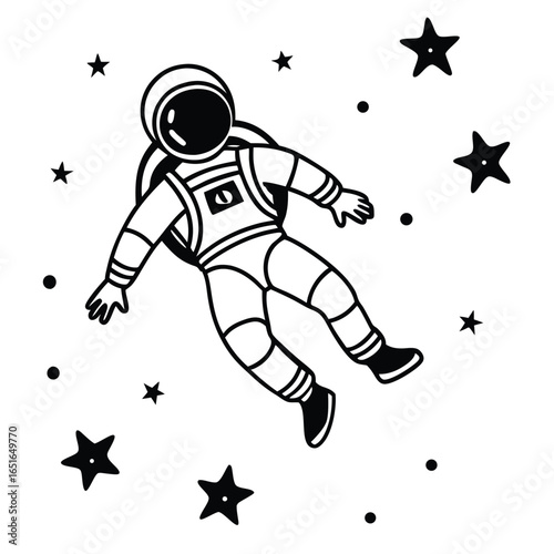 Black and white illustration of an astronaut floating in space with stars vector