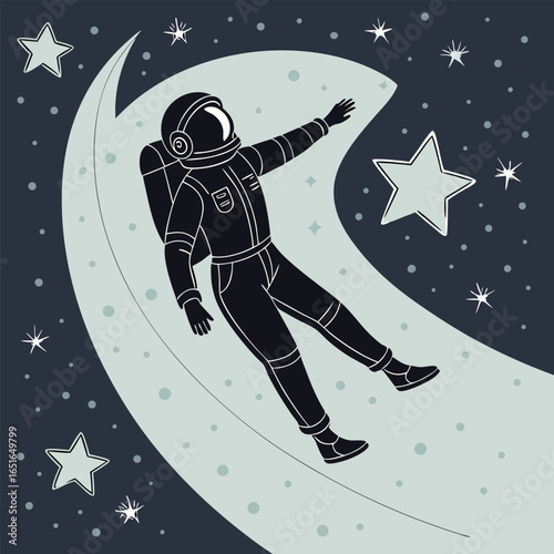 Astronaut floating in space on a crescent moon surrounded by stars vector illustration