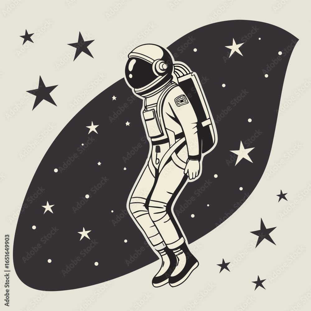 Fototapeta premium Astronaut floating in space with stars and a large oval shape Keywords: astronaut, space, stars, floating