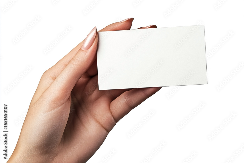 Fototapeta premium Elegant woman's hand presenting a pristine white business card in studio shot