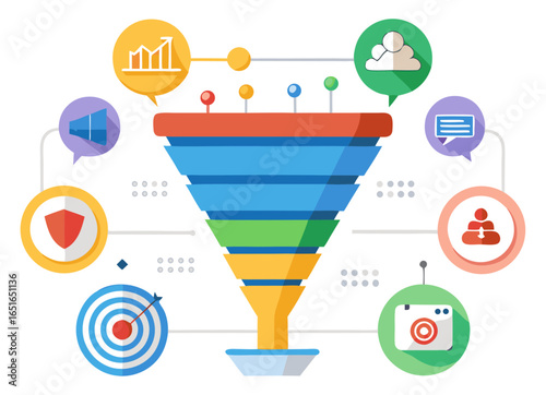 A sales funnel illustration depicting the customer journey from awareness to conversion, with icons representing different stages like marketing, engagement, and purchase.