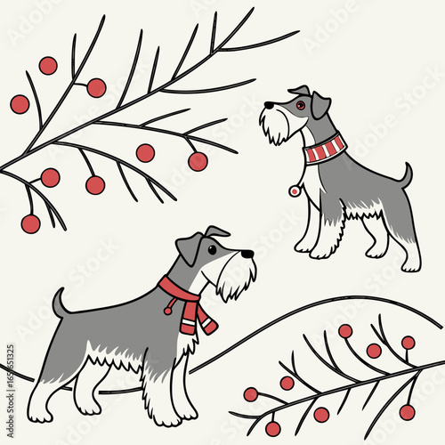 Minimalist background — schnauzers with Christmas ornaments, line art, luxury Scandinavian pattern, vector seamless.