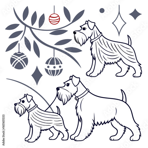 Minimalist background — schnauzers with Christmas ornaments, line art, luxury Scandinavian pattern, vector seamless.