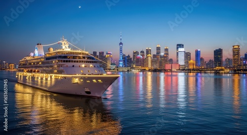 Luxury Cruise Ship Sailing in Shanghai at Night with Skyline View