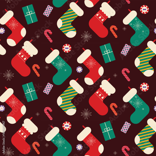 Festive Christmas Sock Pattern Holiday-themed seamless design with socks, gifts, and candy canes on a burgundy background