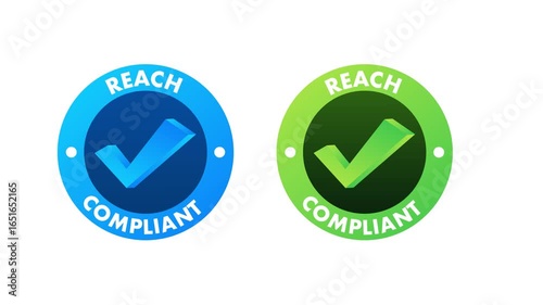 Reach compliant animated logo with checkmark rotating on white and green screen