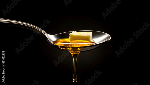 Close Up Of Melted Butter And Honey Dripping From A Silver Spoon Against A Black Background