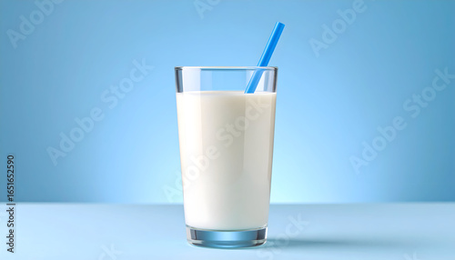 Glass Of Milk With A Blue Straw On A Light Blue Background