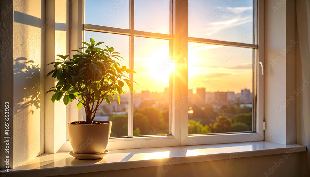 Fototapeta premium Potted Plant Sitting On A White Window Sill With Golden Sunlight Pouring Through A Window With City And Sky View