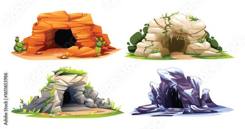 Set of caves in different natural environments, desert, rocky, and arctic winter landscape. Vector cartoon illustration