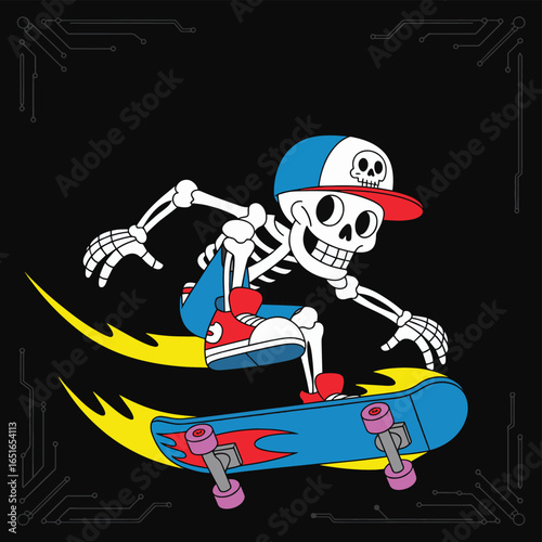 A Skeleton Skateboarder in a Cap, with Vibrant Colors and a Dynamic Pose