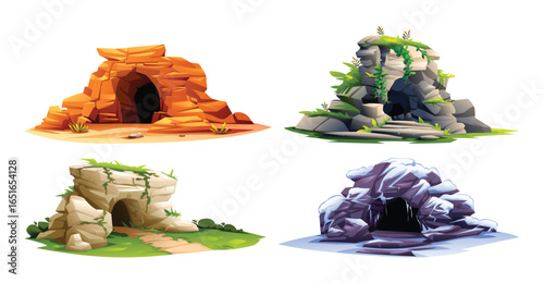 Set of caves in various settings, a desert grotto, rocky cave, and an ice grotto. Vector cartoon illustration