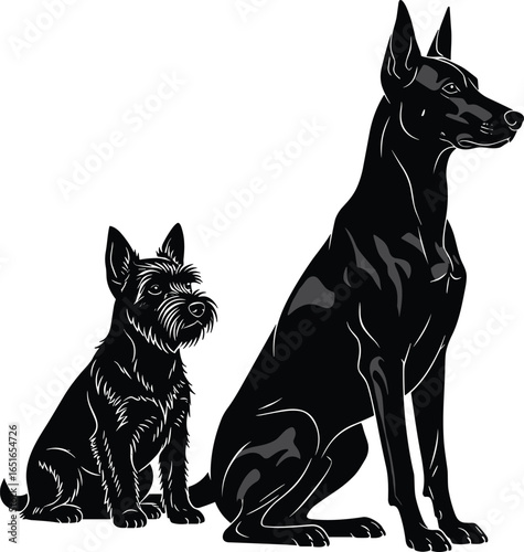Two dog silhouette illustration, Doberman and Schnauzer breed, black vector graphic