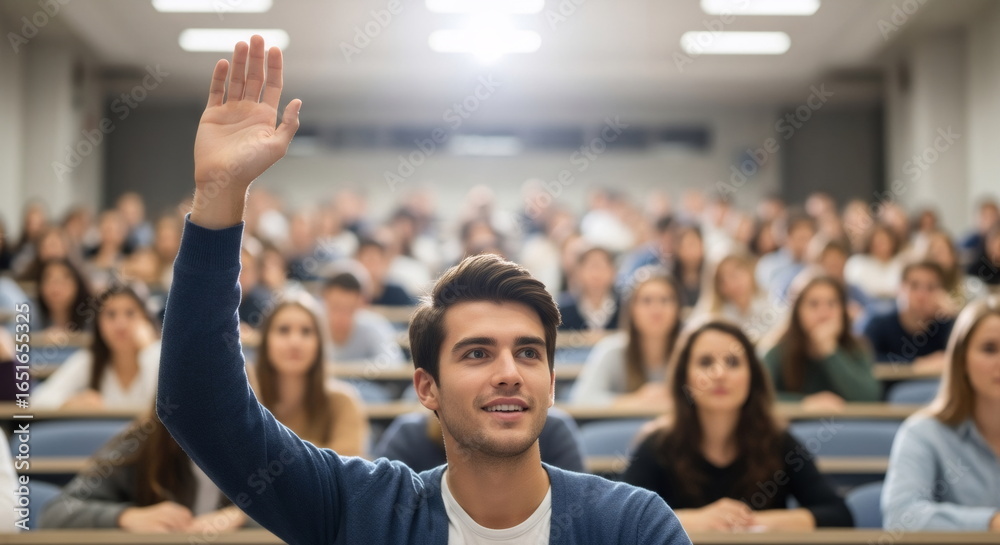 A young man raises his hand in a lecture hall, with a large crowd of students seated in the background. A young man raises his hand in a lecture hall, with a large crowd of students seated in the background.