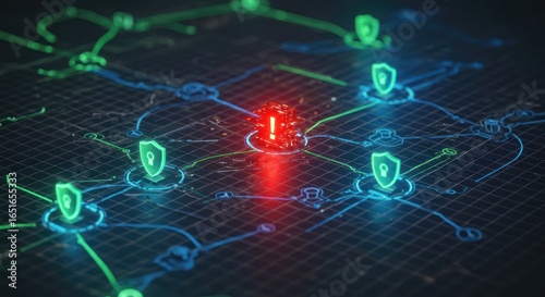Cybersecurity Alert Network with Glowing Shield Icons and Red Exclamation Mark
