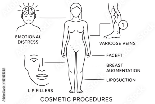 Cosmetic surgery infographic, emotional distress, body enhancement, varicose veins, breast augmentation, lip fillers cosmetic healthcare lineart