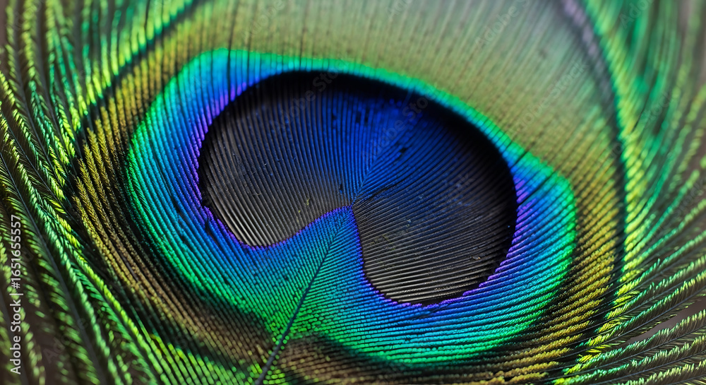 Naklejka premium Extreme close-up of peacock feather eye pattern, iridescent detail with blurred edges