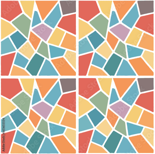 Four colorful mosaic patterns with irregular shapes and white grout, creating a vibrant and abstract design.
