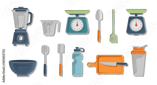 Illustration of kitchen utensils including blender and cutting board