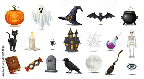 A collection of various halloween themed icons and elements isolated out