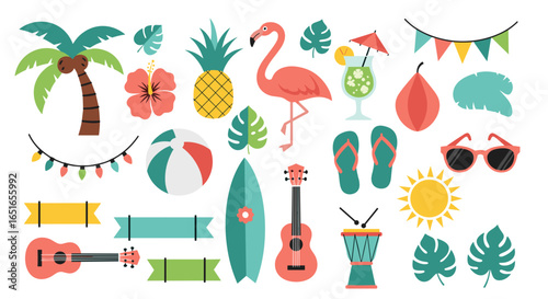 Illustration of summer themed items including flamingo and pineapple