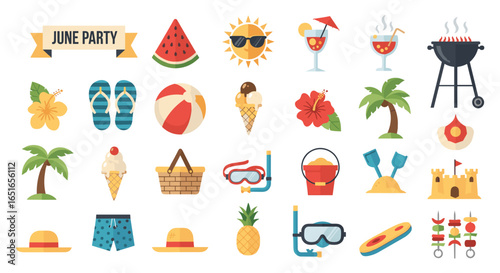 Illustration of summer themed icons including food and beach items