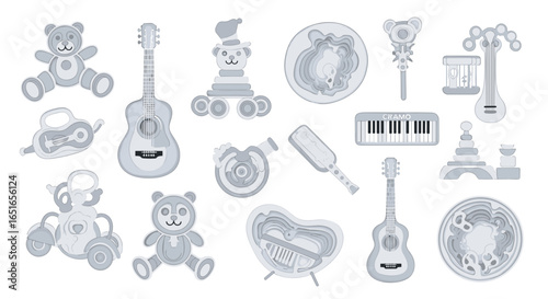 A collection of various gray toys including musical instruments and bears