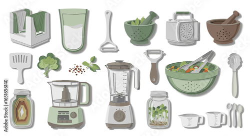 Illustration of various kitchen utensils and food preparation tools