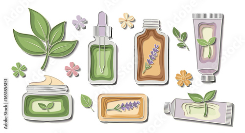 Illustration of assorted organic skincare products with floral accents