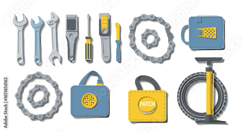Illustration of bicycle repair tools and accessories arranged neatly