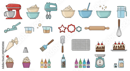 Illustration showing various baking tools and ingredients for desserts