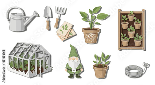 Illustration of garden tools greenhouse gnome and potted plants elements