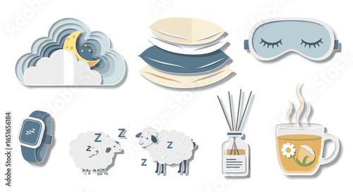 Illustration depicting elements associated with sleep and relaxation time