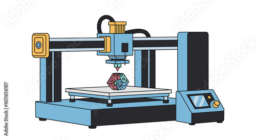 Illustration of a blue and yellow d printer creating a complex object