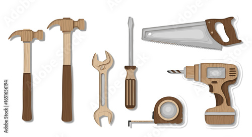Illustration of various carpentry tools including hammers and drill tool