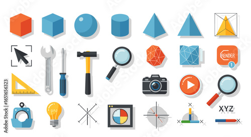 Illustration of various tools shapes and objects on a white background