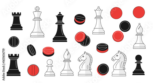 A collection of chess pieces and checkers in black white and red tones