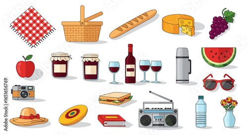 Illustration of picnic items including food drinks and entertainment