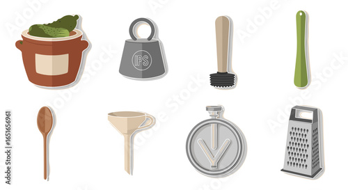 Illustration of various kitchen utensils including jar and kitchenware