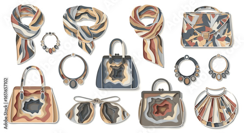 Collection of scarves necklaces and handbags with layered design style