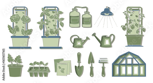 Illustration of gardening equipment and plants in pots and greenhouse