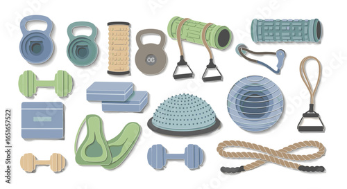 Assorted fitness equipment including weights, bands, and exercise ball
