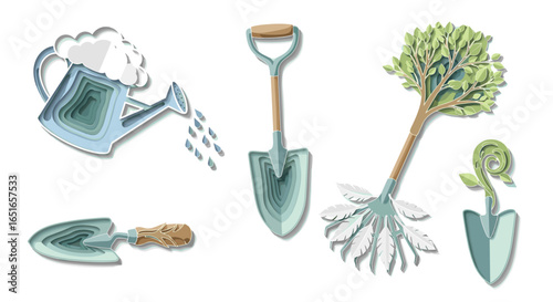 Illustration of gardening tools including a watering can and shovels