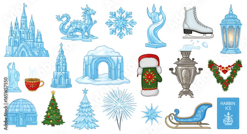 Illustration of ice sculptures, christmas trees, and winter objects