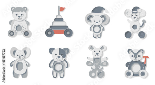 Collection of various toy animals and a toy car with a flag on top