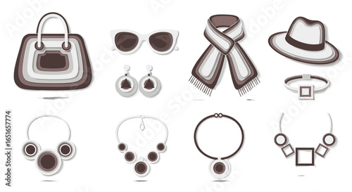 Collection of fashion accessories including jewelry and clothing items