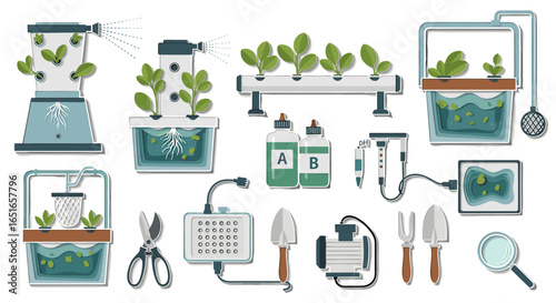 Illustration of hydroponic gardening system with plants and equipment