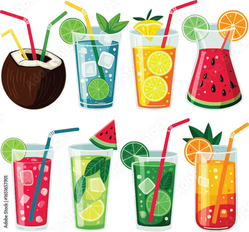 Assortment of Refreshing Summer Cocktails and Coconut Drink drinks tropical