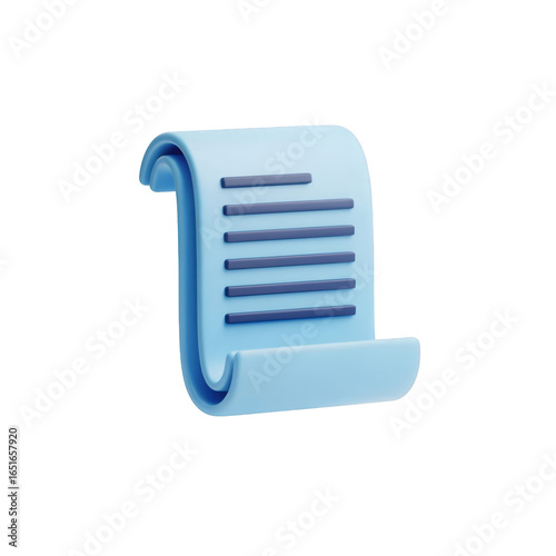 3D render of a light blue paper scroll or document. Stylized icon for a list, script, or historical text on a transparent background.