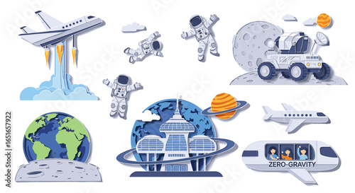 Illustration of space exploration elements with astronauts and vehicles